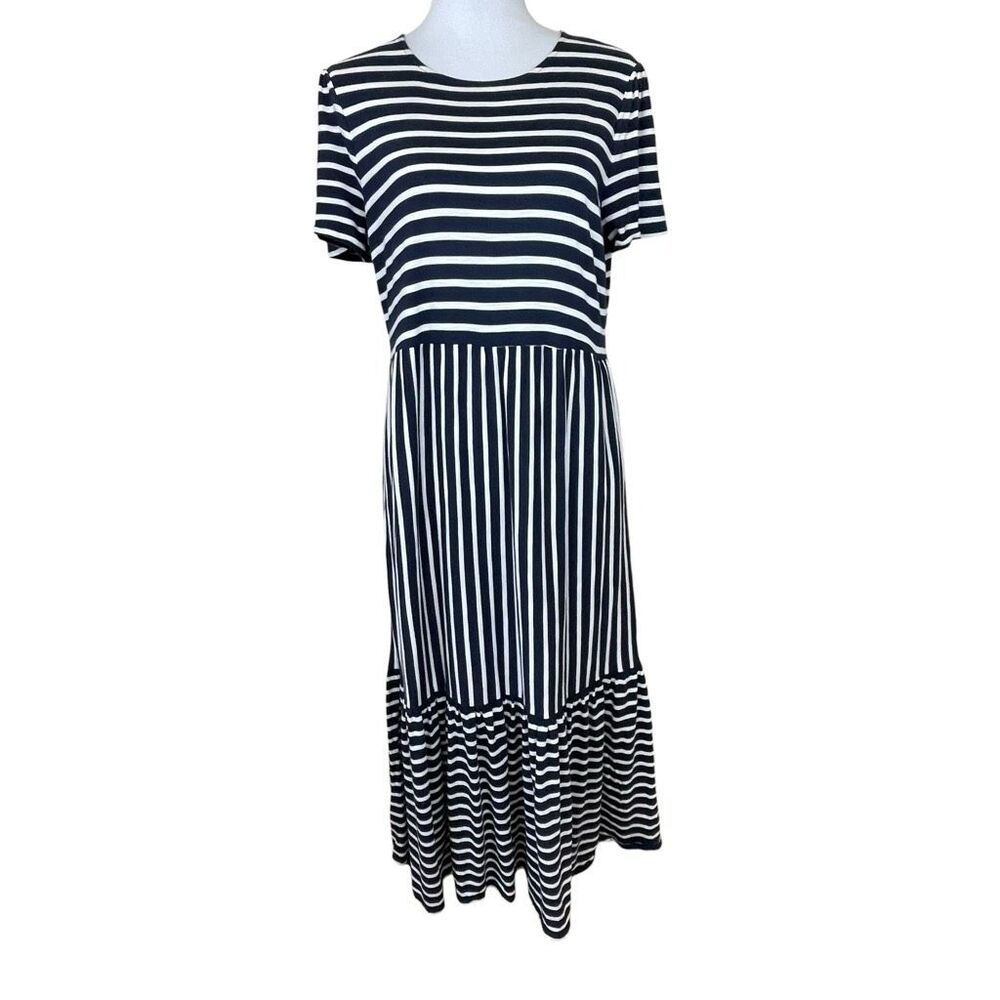 Boden Emma Tiered Jersey Midi Dress Navy Blue And White Stripes Size 10P - Picture 2 of 12